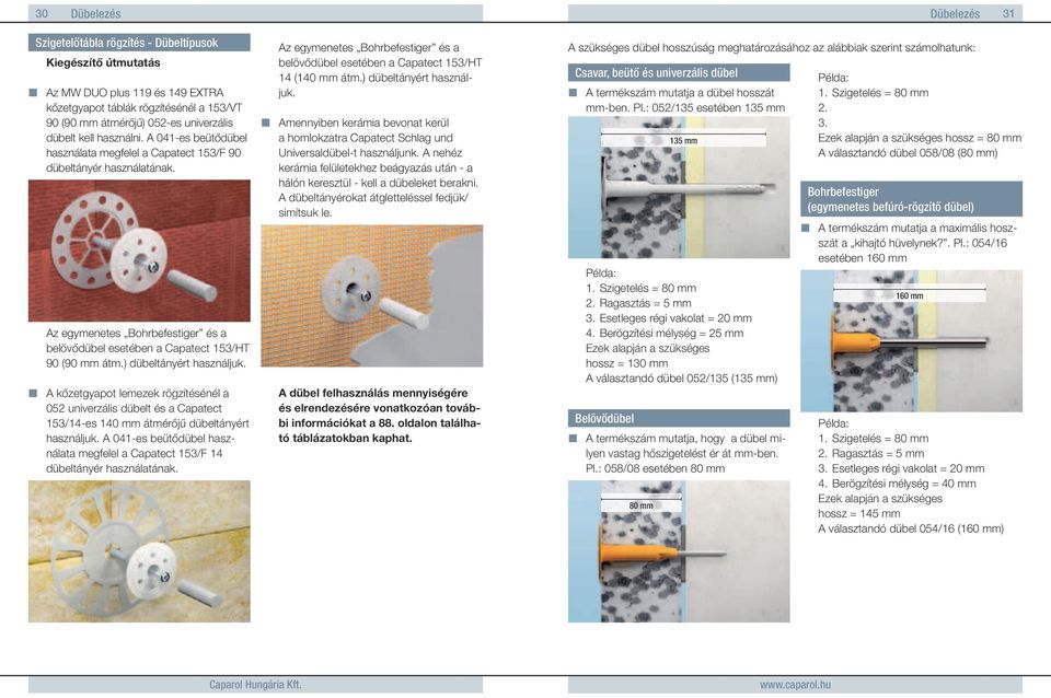 ) dübeltányért használjuk. A kőzetgyapot lemezek rögzítésénél a 052 univerzális dübelt és a Capatect 153/14-es 140 mm átmérőjű dübeltányért használjuk.