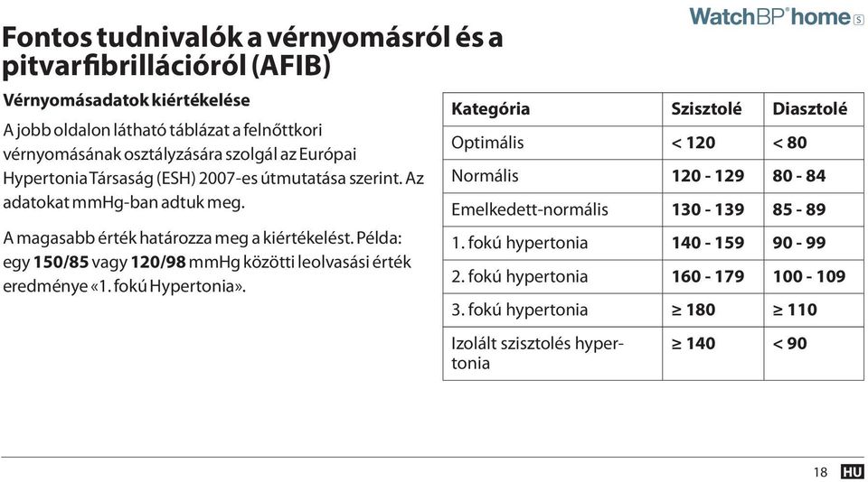 Példa: egy 150/85 vagy 120/98 mmhg közötti leolvasási érték eredménye «1. fokú Hypertonia».