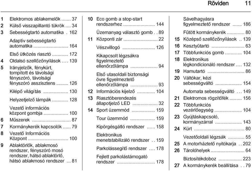 .. 128 Vezető információs központ gombja... 100 6 Műszerek... 87 7 Kormánykerék kapcsolók... 79 8 Vezető Információs Központ.