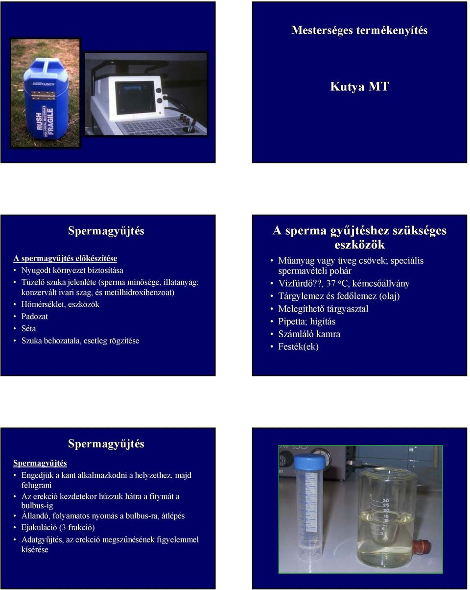 ?, 37 o C, kémcsőállvány Tárgylemez és fedőlemez (olaj) Melegíthető tárgyasztal Pipetta; higítás Számláló kamra Festék(ek) Spermagyűjt jtés Spermagyűjtés Engedjük a kant alkalmazkodni a