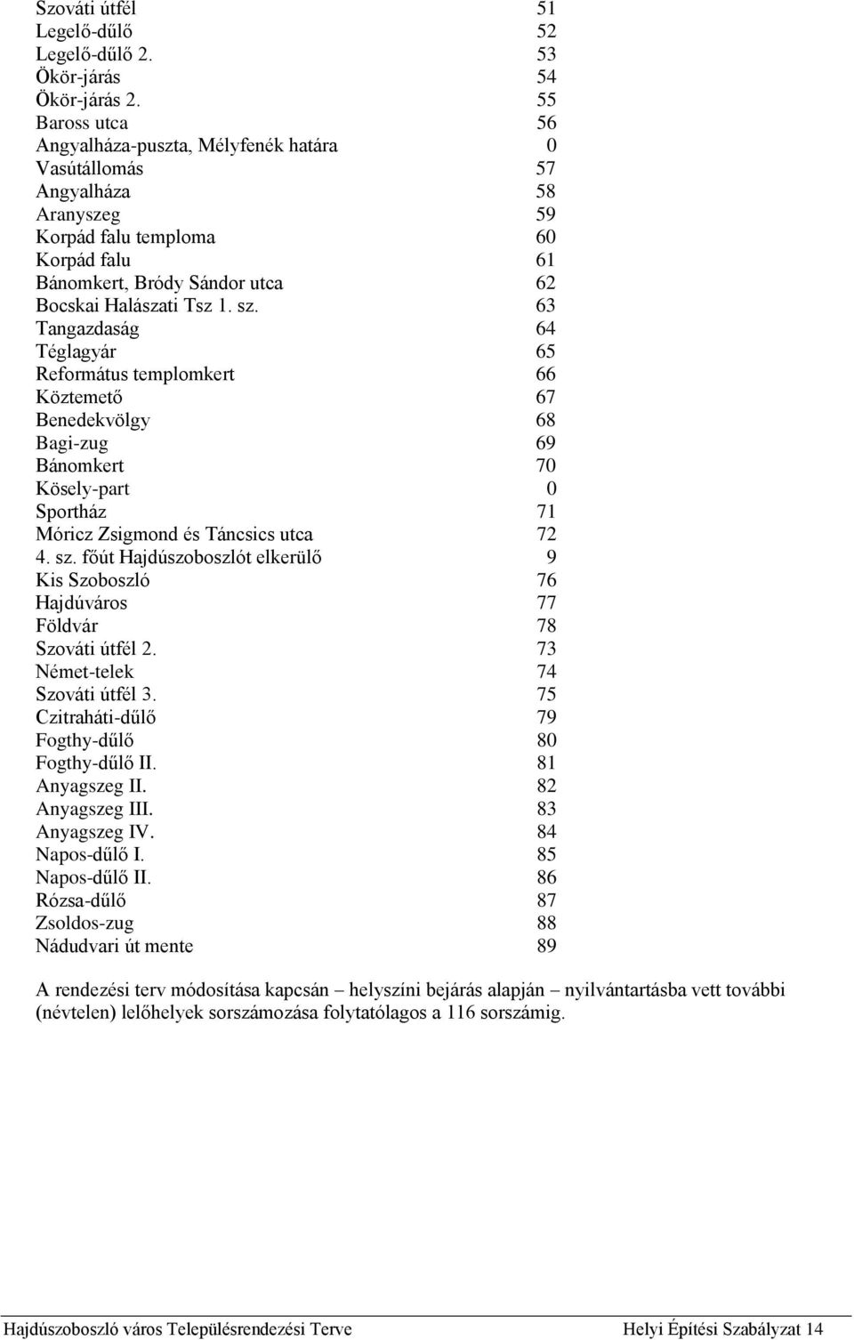 63 Tangazdaság 64 Téglagyár 65 Református templomkert 66 Köztemető 67 Benedekvölgy 68 Bagi-zug 69 Bánomkert 70 Kösely-part 0 Sportház 71 Móricz Zsigmond és Táncsics utca 72 4. sz.