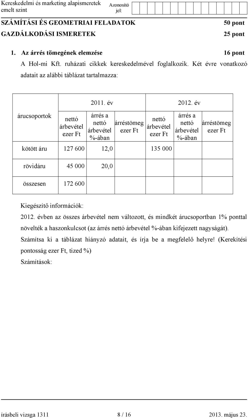 év árrés a nettó árbevétel %-ában árréstömeg ezer Ft nettó árbevétel ezer Ft kötött áru 127 600 12,0 135 000 rövidáru 45 000 20,0 összesen 172 600 árrés a nettó árbevétel %-ában árréstömeg ezer Ft