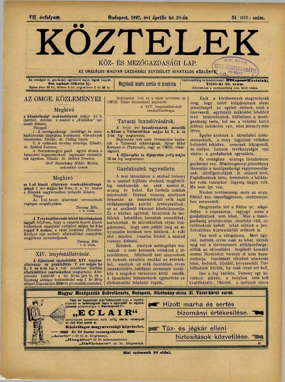 (hétfőn) délután 4 órakor a Köztelken" tartandó ülésére. ; Tárgyak: 1. A mezőgazdasági cselédügy és munkásbiztositás tárgyában beérkezett vélemények ismertetése. Előadó: dr. Csillag Gyula. 2.