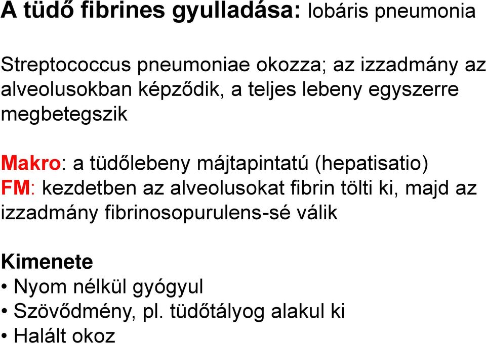 májtapintatú (hepatisatio) FM: kezdetben az alveolusokat fibrin tölti ki, majd az izzadmány