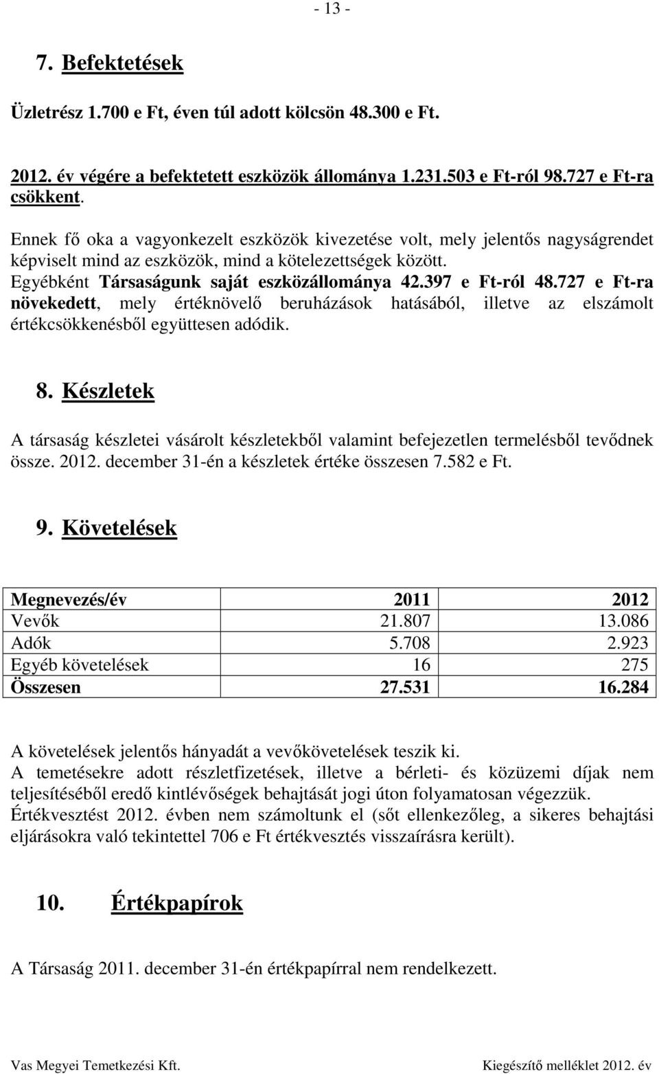 397 e Ft-ról 48.727 e Ft-ra növekedett, mely értéknövelő beruházások hatásából, illetve az elszámolt értékcsökkenésből együttesen adódik. 8.