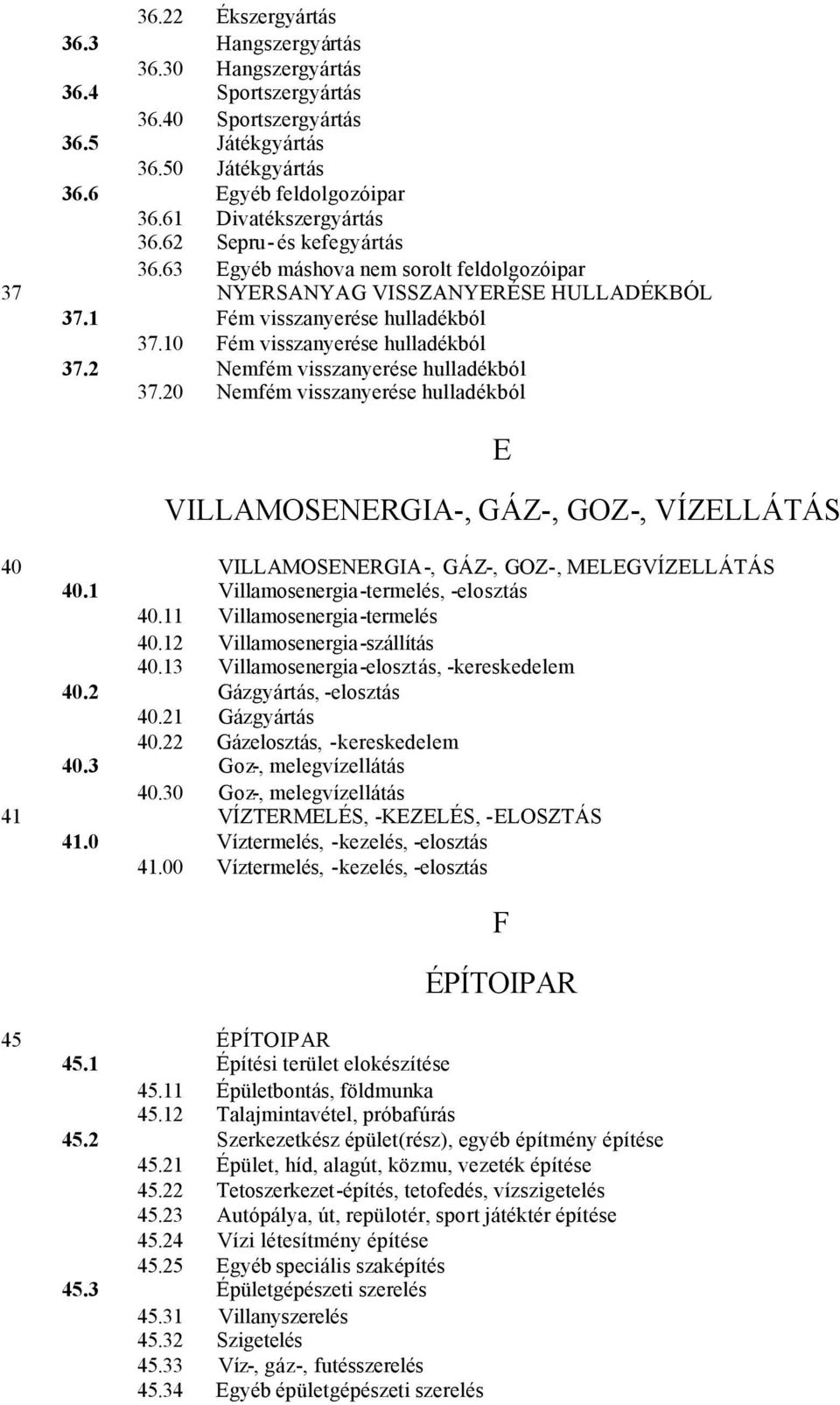 2 Nemfém visszanyerése hulladékból 37.20 Nemfém visszanyerése hulladékból E VILLAMOSENERGIA-, GÁZ-, GOZ-, VÍZELLÁTÁS 40 VILLAMOSENERGIA-, GÁZ-, GOZ-, MELEGVÍZELLÁTÁS 40.