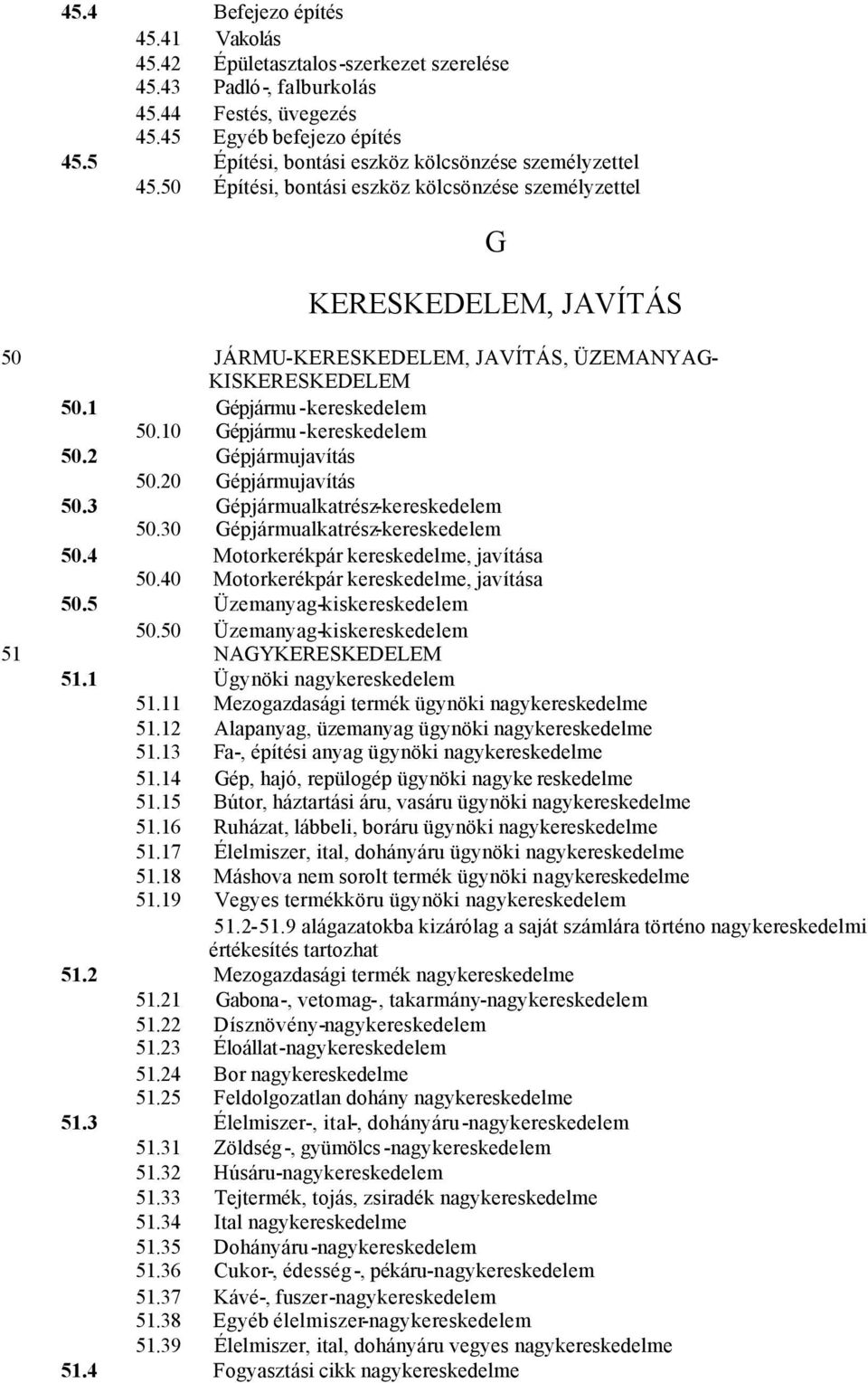 1 Gépjármu -kereskedelem 50.10 Gépjármu -kereskedelem 50.2 Gépjármujavítás 50.20 Gépjármujavítás 50.3 Gépjármualkatrész-kereskedelem 50.30 Gépjármualkatrész-kereskedelem 50.