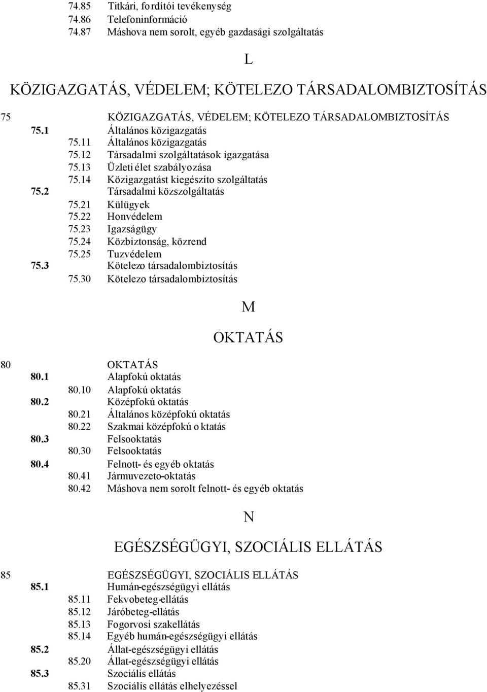 11 Általános közigazgatás 75.12 Társadalmi szolgáltatások igazgatása 75.13 Üzleti élet szabályozása 75.14 Közigazgatást kiegészíto szolgáltatás 75.2 Társadalmi közszolgáltatás 75.21 Külügyek 75.