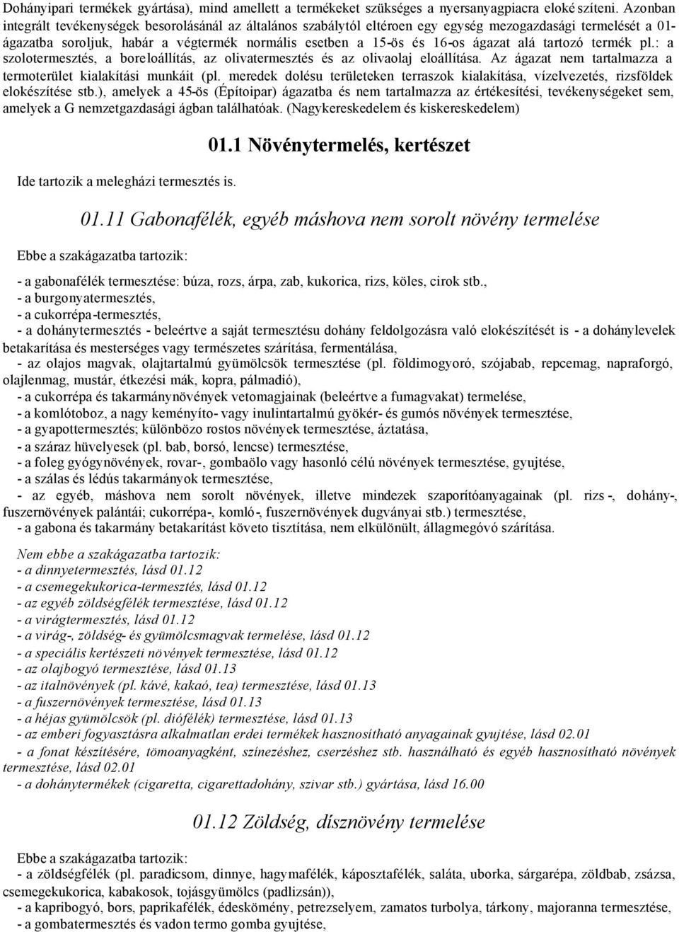 alá tartozó termék pl.: a szolotermesztés, a boreloállítás, az olivatermesztés és az olivaolaj eloállítása. Az ágazat nem tartalmazza a termoterület kialakítási munkáit (pl.