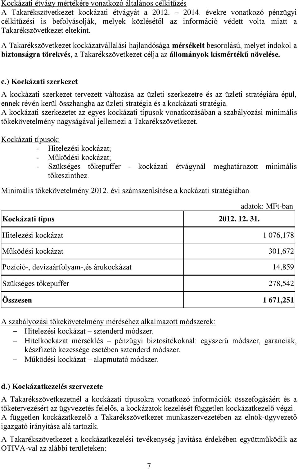 A Takarékszövetkezet kockázatvállalási hajlandósága mérsékelt besorolású, melyet indokol a biztonságra törekvés, a Takarékszövetkezet cé