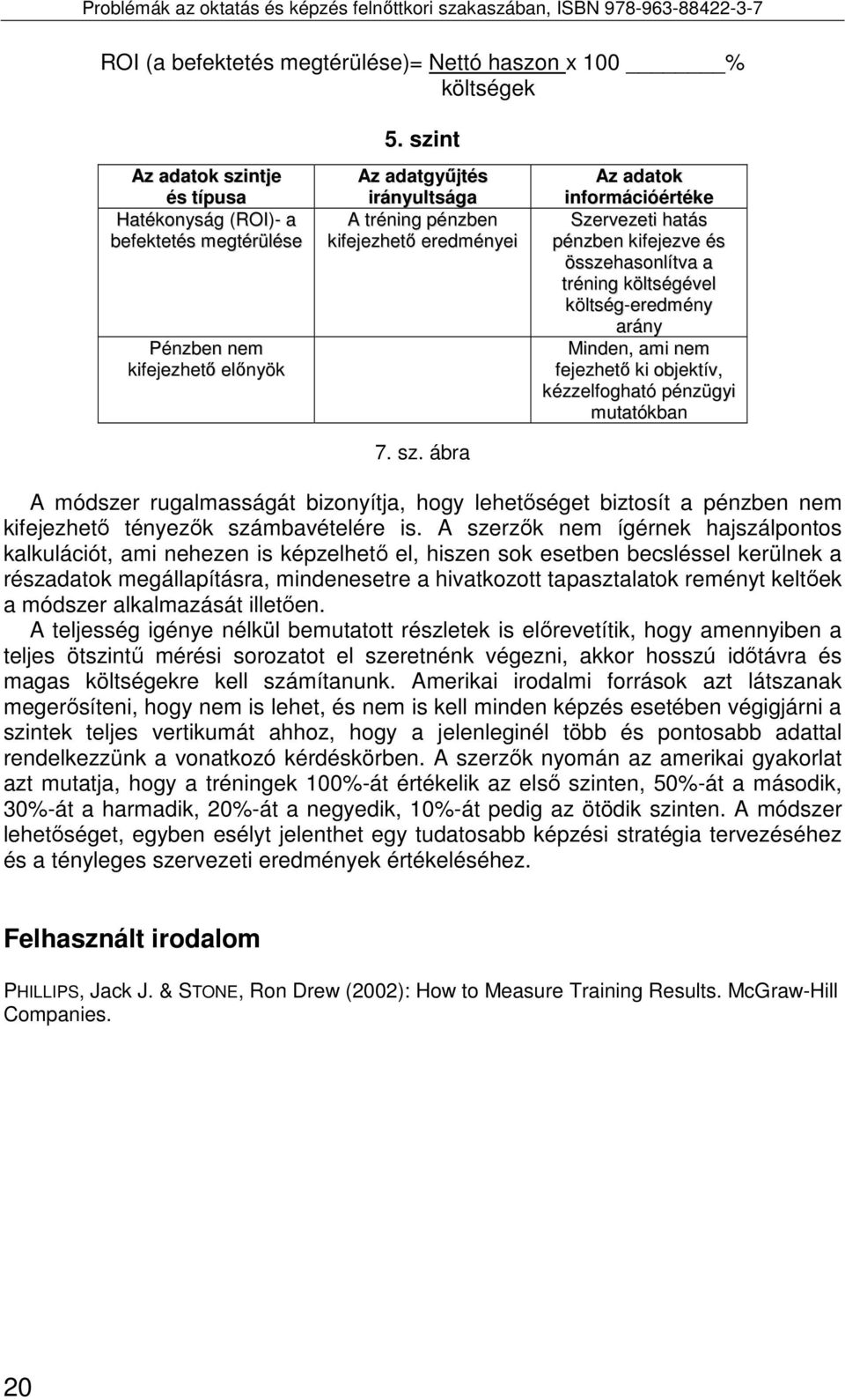 ntje és típusa Hatékonyság (ROI)- a befektetés megtérülése Pénzben nem kifejezhetı elınyök Az adatgyőjtés irányultsága A tréning pénzben kifejezhetı eredményei 7. sz.