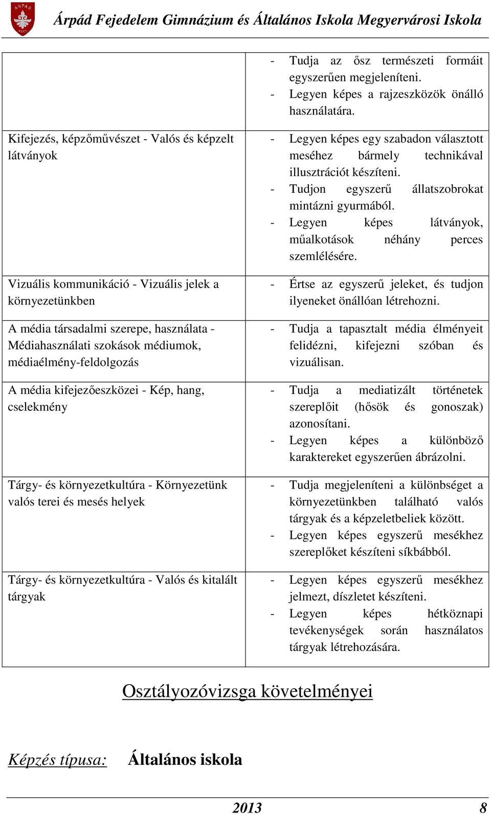 médiaélmény-feldolgozás A média kifejezőeszközei - Kép, hang, cselekmény Tárgy- és környezetkultúra - Környezetünk valós terei és mesés helyek Tárgy- és környezetkultúra - Valós és kitalált tárgyak -