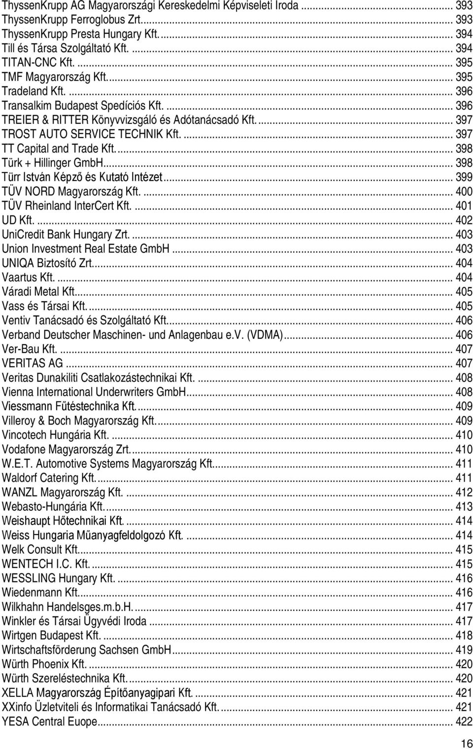 ... 397 TT Capital and Trade Kft.... 398 Türk + Hillinger GmbH... 398 Türr István Képző és Kutató Intézet... 399 TÜV NORD Magyarország Kft.... 400 TÜV Rheinland InterCert Kft.... 401 UD Kft.