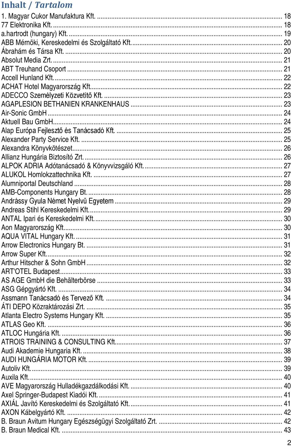 .. 23 AirSonic GmbH... 24 Aktuell Bau GmbH... 24 Alap Európa Fejlesztő és Tanácsadó Kft.... 25 Alexander Party Service Kft.... 25 Alexandra Könyvkötészet... 26 Allianz Hungária Biztosító Zrt.