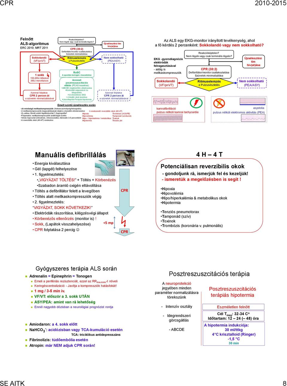 (30:2) Defibrillátor/monitor csatlakoztatása Szünetek minimalizálása Ritmuselemzés ± Pulzusészlelés RoSC A spontán keringés visszatérése Azonnali posztreszuszcitációs ellátás (PCAS kezelése): ABCDE