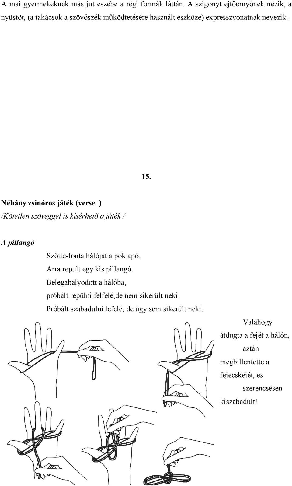 Néhány zsinóros játék (verse ) /Kötetlen szöveggel is kísérhető a játék / A pillangó Szőtte-fonta hálóját a pók apó.