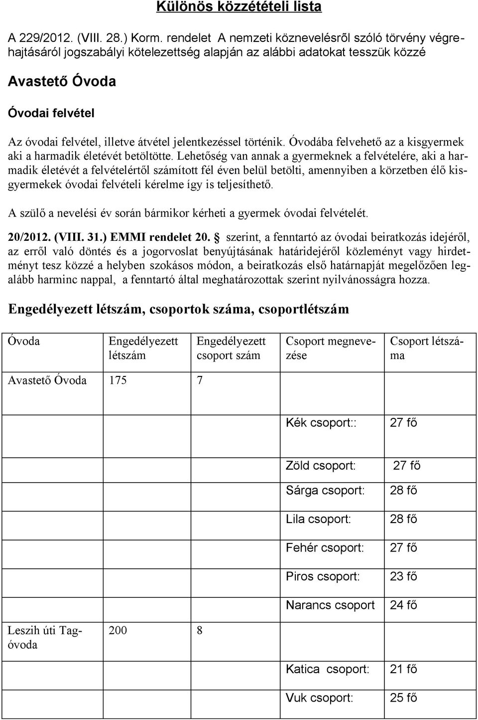 jelentkezéssel történik. Óvodába felvehető az a kisgyermek aki a harmadik életévét betöltötte.