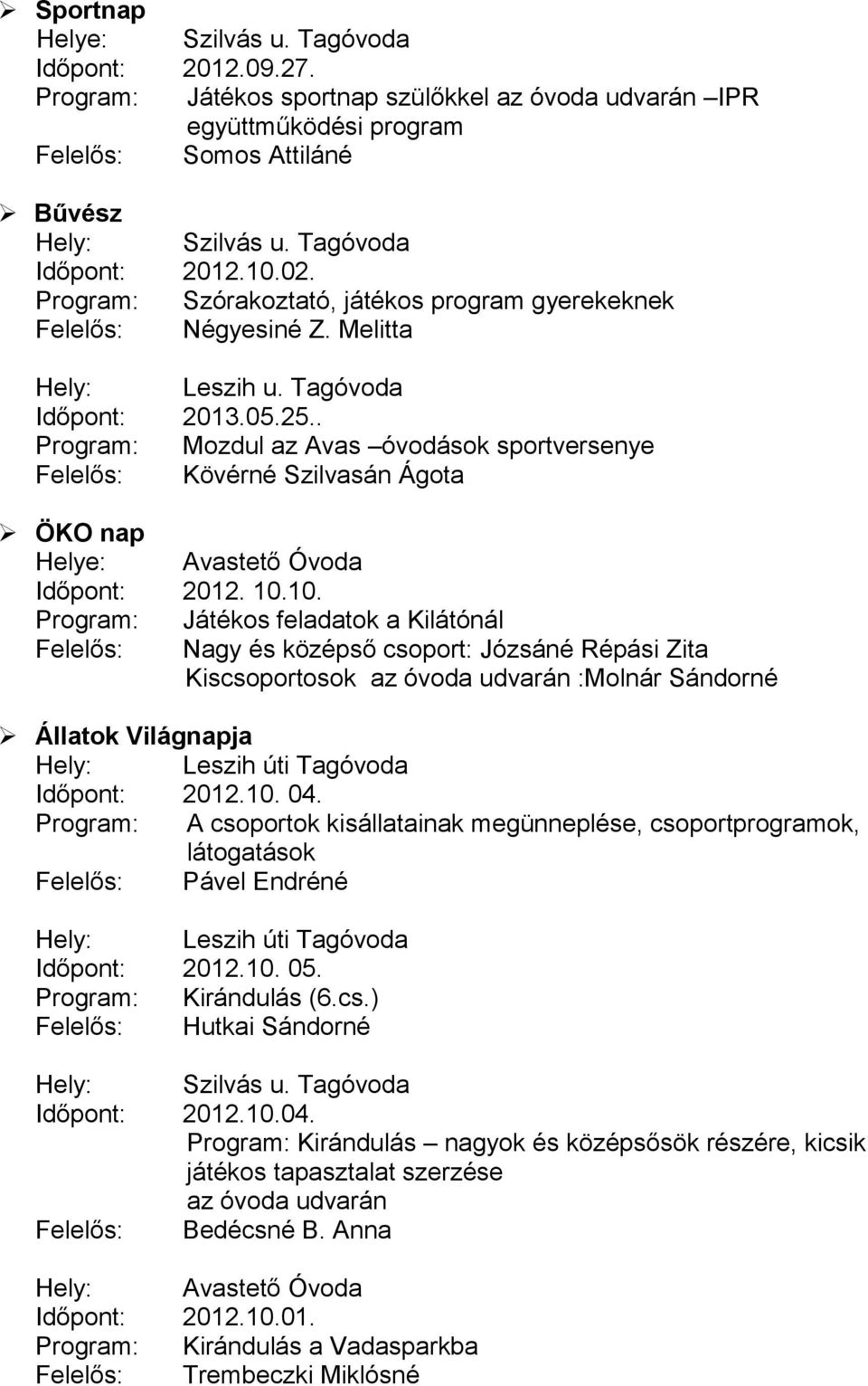 . Program: Mozdul az Avas óvodások sportversenye Felelős: Kövérné Szilvasán Ágota ÖKO nap Helye: Avastető Óvoda Időpont: 2012. 10.