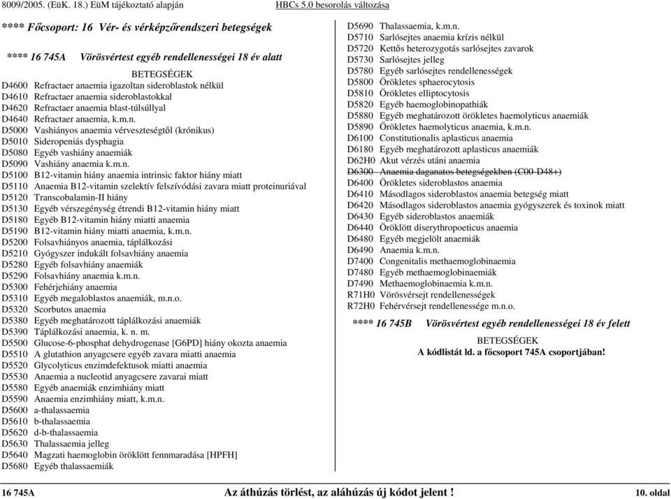 m.n. D5100 B12-vitamin hiány anaemia intrinsic faktor hiány miatt D5110 Anaemia B12-vitamin szelektív felszívódási zavara miatt proteinuriával D5120 Transcobalamin-II hiány D5130 Egyéb vérszegénység