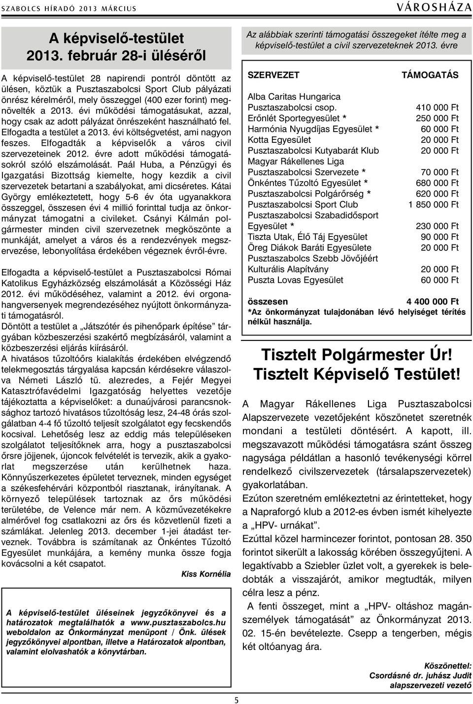 évi mûködési támogatásukat, azzal, hogy csak az adott pályázat önrészeként használható fel. Elfogadta a testület a 2013. évi költségvetést, ami nagyon feszes.