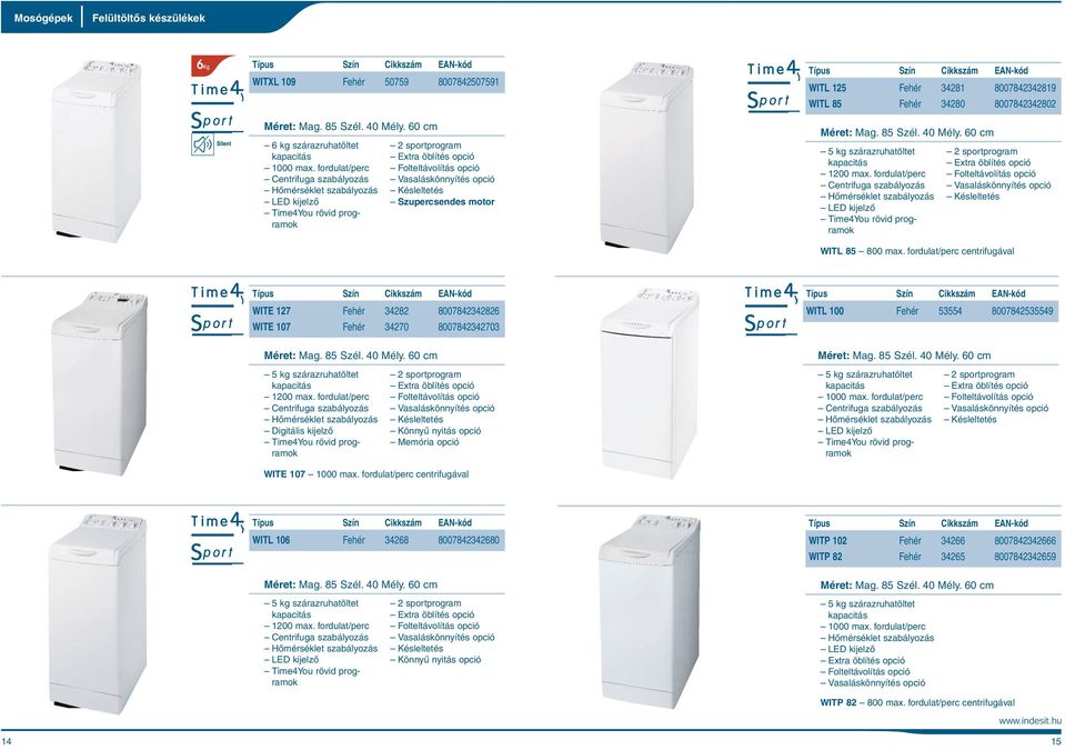 Szupercsendes motor WITL 125 Fehér 34281 8007842342819 WITL 85 Fehér 34280 8007842342802 Méret: Mag. 85 Szél. 40 Mély. 60 cm 5 kg szárazruhatöltet kapacitás 1200 ma.  WITL 85 800 ma.