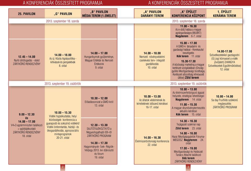 00 Nyitó állófogadás - ebéd ZÁRTKÖRÛ RENDEZVÉNY 9.00 12.30 és 14.00 17.00 V4+3 agrárminiszteri találkozó + sajtótájékoztató ZÁRTKÖRÛ RENDEZVÉNY 18. oldal 14.00 18.