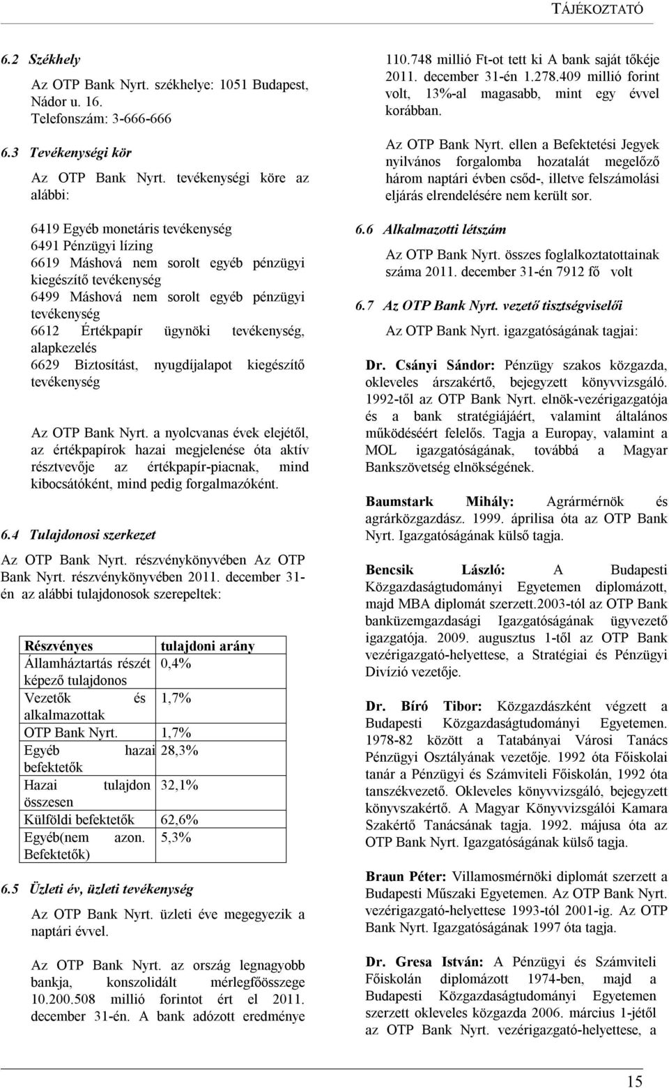 6612 Értékpapír ügynöki tevékenység, alapkezelés 6629 Biztosítást, nyugdíjalapot kiegészítő tevékenység Az OTP Bank Nyrt.