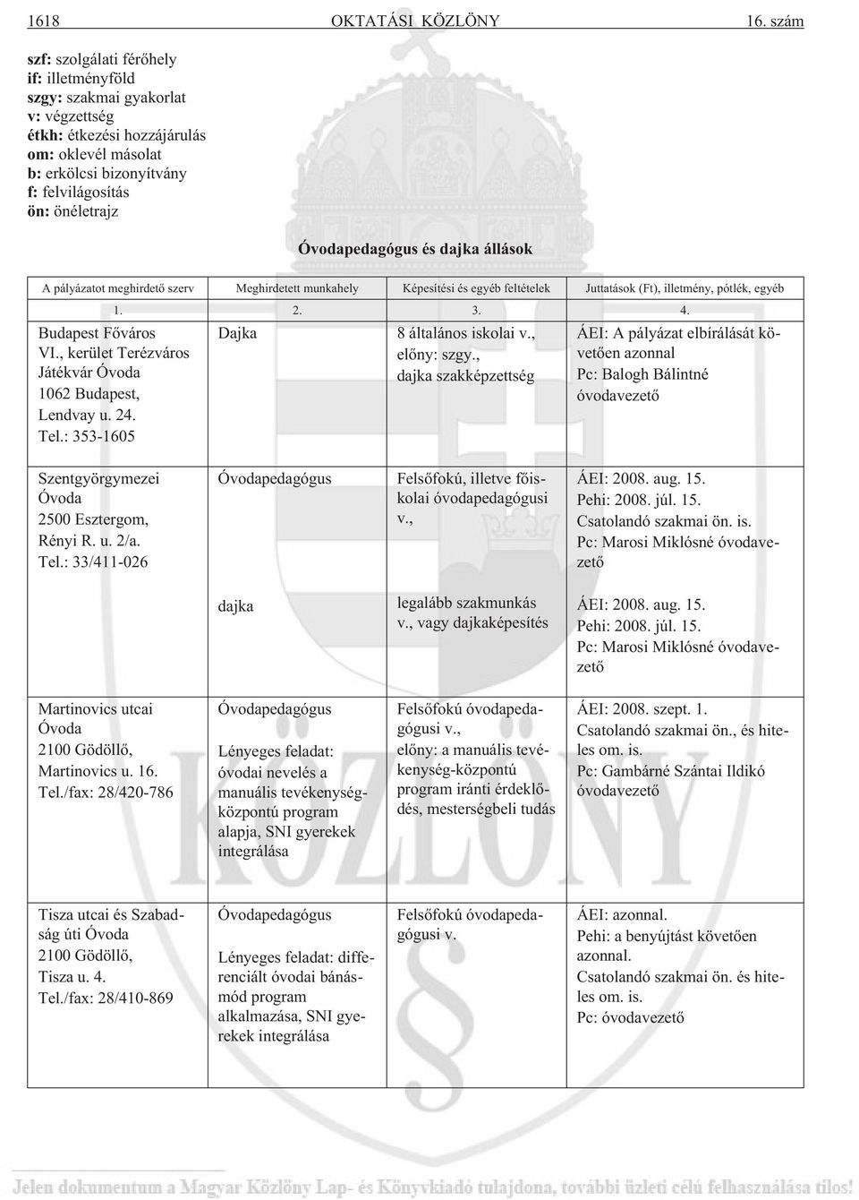 Óvodapedagógus és dajka állások A pályázatot meghirdetõ szerv Meghirdetett munkahely Képesítési és egyéb feltételek Juttatások (Ft), illetmény, pótlék, egyéb Budapest Fõváros VI.