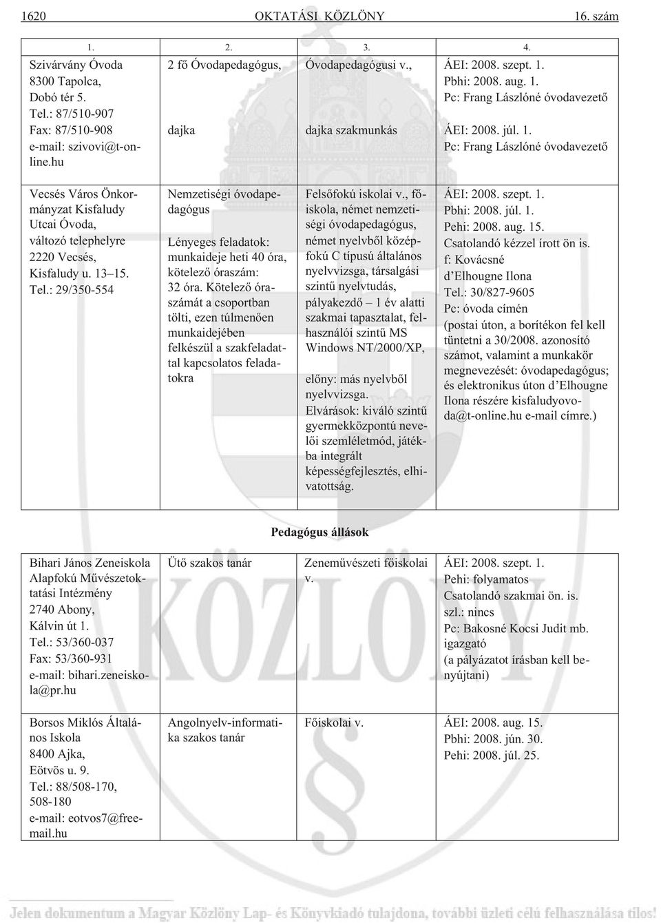 13 15. Tel.: 29/350-554 Nemzetiségi óvodapedagógus Lényeges feladatok: munkaideje heti 40 óra, kötelezõ óraszám: 32 óra.