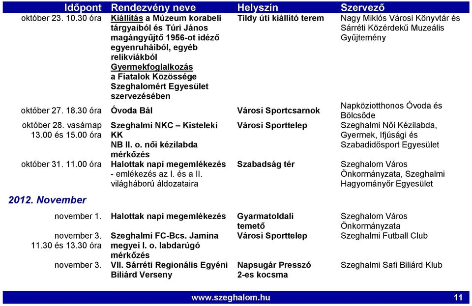 Egyesület szervezésében október 27. 18.30 óra Óvoda Bál Városi Sportcsarnok Napköziotthonos Óvoda és október 28. vasárnap 13.00 és 15.00 óra október 31. 11.00 óra 2012.