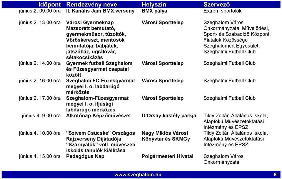 00 óra Gyermek futball Szeghalom és Füzesgyarmat csapatai között június 2. 16.00 óra Szeghalmi FC-Füzesgyarmat megyei I. o.