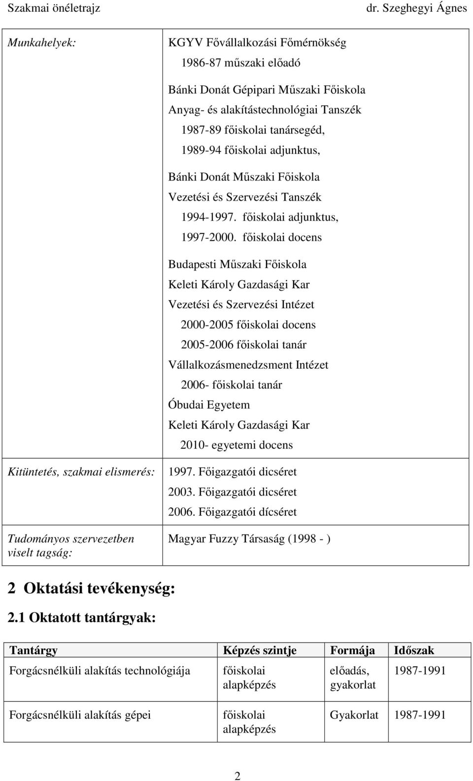 docens Budapesti Mőszaki Fıiskola Keleti Károly Gazdasági Kar Vezetési és Szervezési Intézet 2000-2005 docens 2005-2006 tanár Vállalkozásmenedzsment Intézet 2006- tanár Óbudai Egyetem Keleti Károly