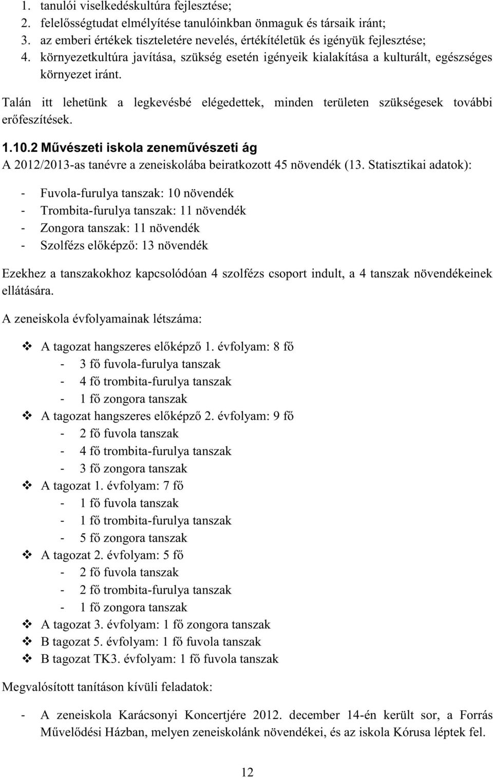 1.10.2 Művészeti iskola zeneművészeti ág A 2012/2013-as tanévre a zeneiskolába beiratkozott 45 növendék (13.