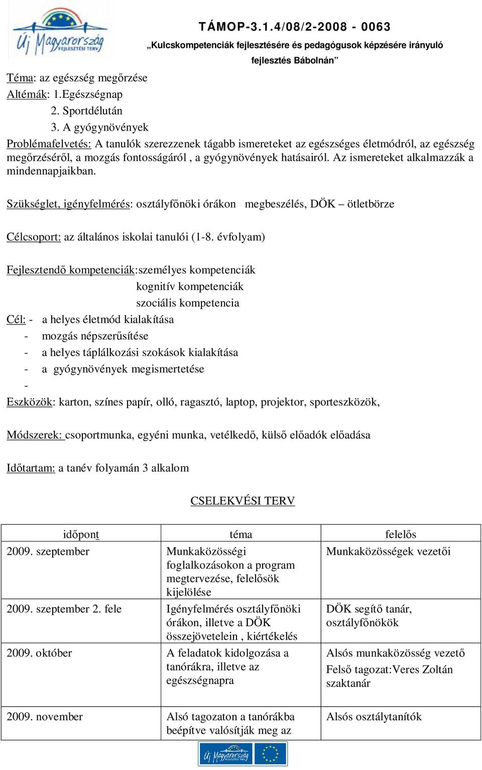 Az ismereteket alkalmazzák a mindennapjaikban. Szükséglet, igényfelmérés: osztályfőnöki órákon megbeszélés, DÖK ötletbörze Célcsoport: az általános iskolai tanulói (1-8.