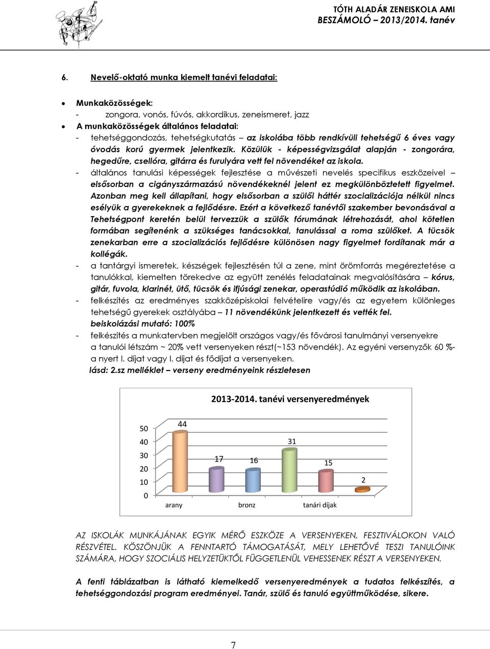 - általános tanulási képességek fejlesztése a művészeti nevelés specifikus eszközeivel elsősorban a cigányszármazású növendékeknél jelent ez megkülönböztetett figyelmet.