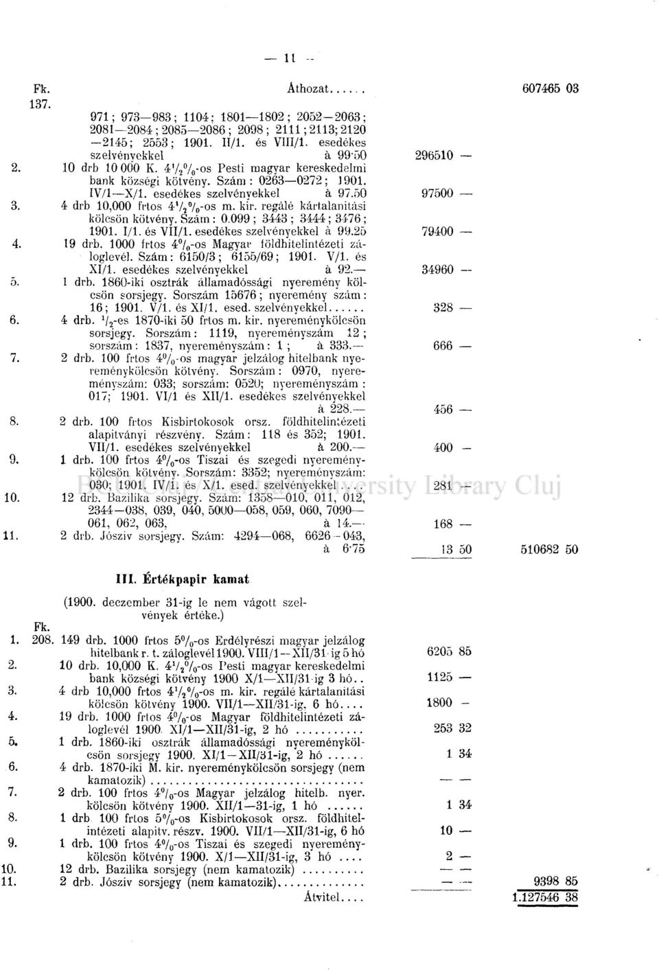 regálé kártalanítási kölcsön kötvény. Szám: 0.099 ; 3443 ; 3444; 3476; 1901. l/l. és VII/1. esedékes szelvényekkel á 99.25 79400 4. 19 drb. 1000 frtos 4 / 0 -os Magyar földhitelintézeti záloglevél.