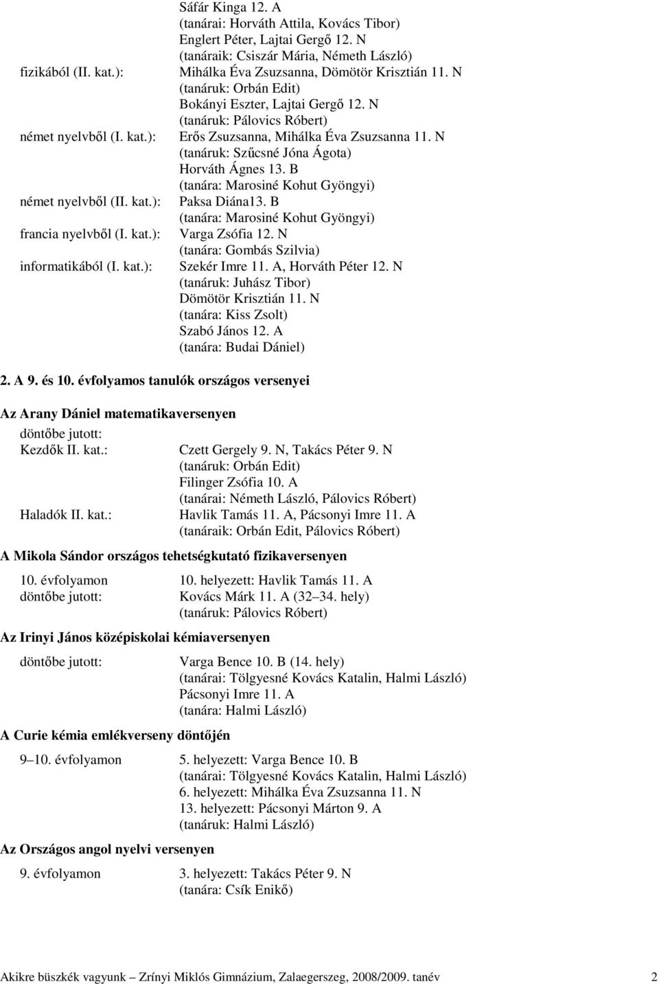 N (tanáruk: Orbán Edit) Bokányi Eszter, Lajtai Gergı 12. N (tanáruk: Pálovics Róbert) Erıs Zsuzsanna, Mihálka Éva Zsuzsanna 11. N (tanáruk: Szőcsné Jóna Ágota) Horváth Ágnes 13.