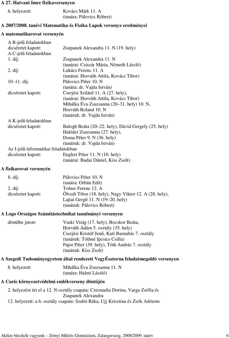 díj: Zsupanek Alexandra 11. N (tanárai: Csiszár Mária, Németh László) 2. díj: Lukács Ferenc 11. A (tanárai: Horváth Attila, Kovács Tibor) 10 11. díj: Pálovics Péter 10. N (tanára: dr.