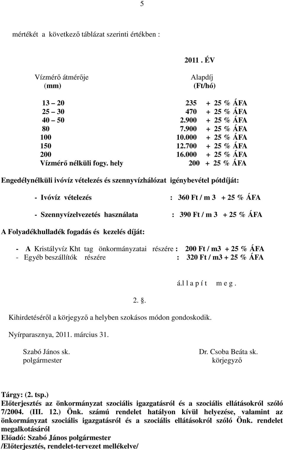 hely 200 + 25 % ÁFA Engedélynélküli ivóvíz vételezés és szennyvízhálózat igénybevétel pótdíját: - Ivóvíz vételezés : 360 Ft / m 3 + 25 % ÁFA - Szennyvízelvezetés használata : 390 Ft / m 3 + 25 % ÁFA