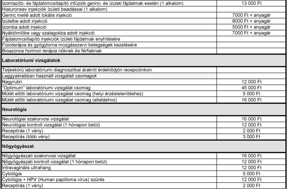 Bioazonos hormon terápia nőknek és férfiaknak 1 7000 Ft + anyagár 8000 Ft + anyagár 5000 Ft + anyagár 7000 Ft + anyagár Laboratóriumi vizsgálatok Teljeskörű laboratóriumi diagnosztikai árakról