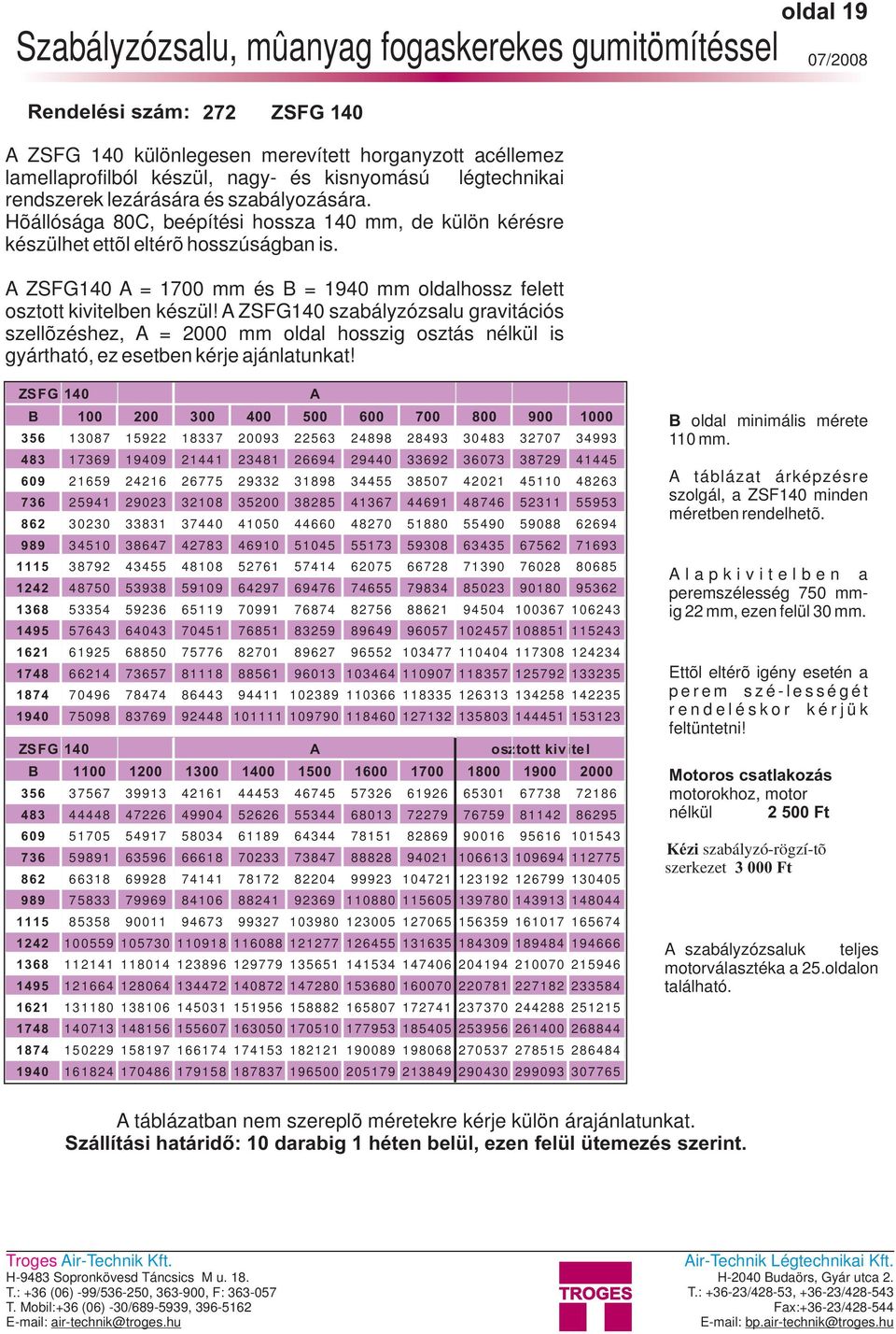 ZSFG140 = 1700 mm és B = 1940 mm oldalhossz felett osztott kivitelben készül!