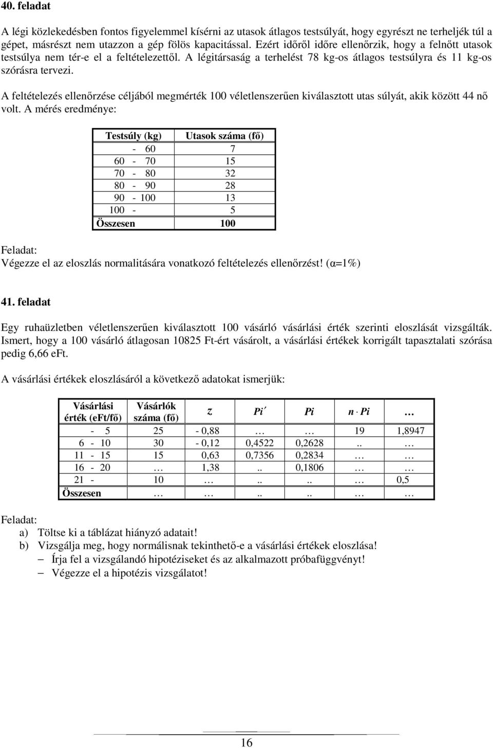 A feltételezés ellenőrzése céljából megmérték 100 véletlenszerűen kiválasztott utas súlyát, akik között 44 nő volt.