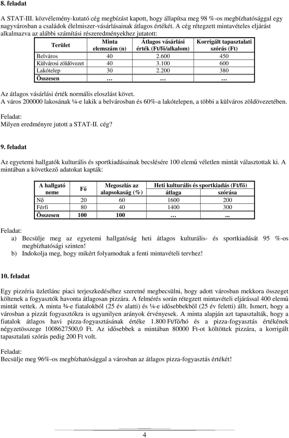 Belváros 40 2.600 450 Külvárosi zöldövezet 40 3.100 600 Lakótelep 30 2.200 380 Összesen Az átlagos vásárlási érték normális eloszlást követ.