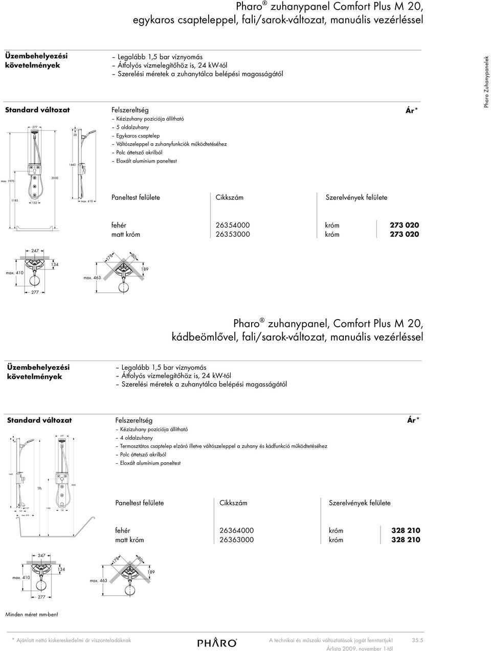 paneltest Pharo Zuhanypanelek Paneltest felülete matt 26354000 26353000 273 020 273 020 Pharo zu hany pa nel, Comfort Plus M 20, kádbeömlővel, fali/sarokváltozat, manuális vezérléssel Legalább,5 bar