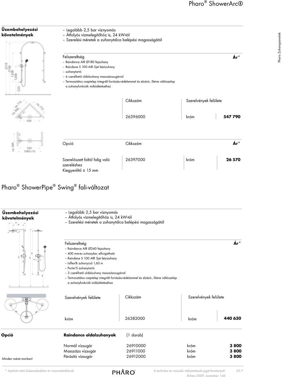 547 790 Opció Szerelőszett faltól falig való szereléshez Kiegyenlítő ± 5 mm 26397000 26 570 Pharo ShowerPipe Swing faliváltozat Legalább 2,5 bar víznyomás Átfolyós vízmelegítőhöz is, 24 kwtól