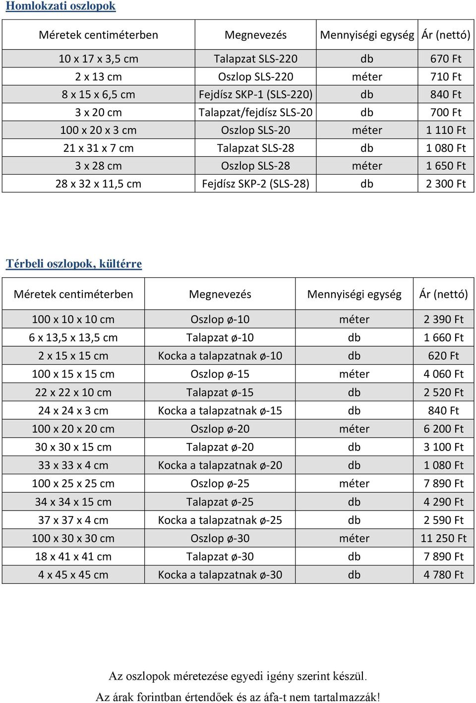 kültérre 100 x 10 x 10 cm Oszlop ø-10 méter 2 390 Ft 6 x 13,5 x 13,5 cm Talapzat ø-10 db 1 660 Ft 2 x 15 x 15 cm Kocka a talapzatnak ø-10 db 620 Ft 100 x 15 x 15 cm Oszlop ø-15 méter 4 060 Ft 22 x 22