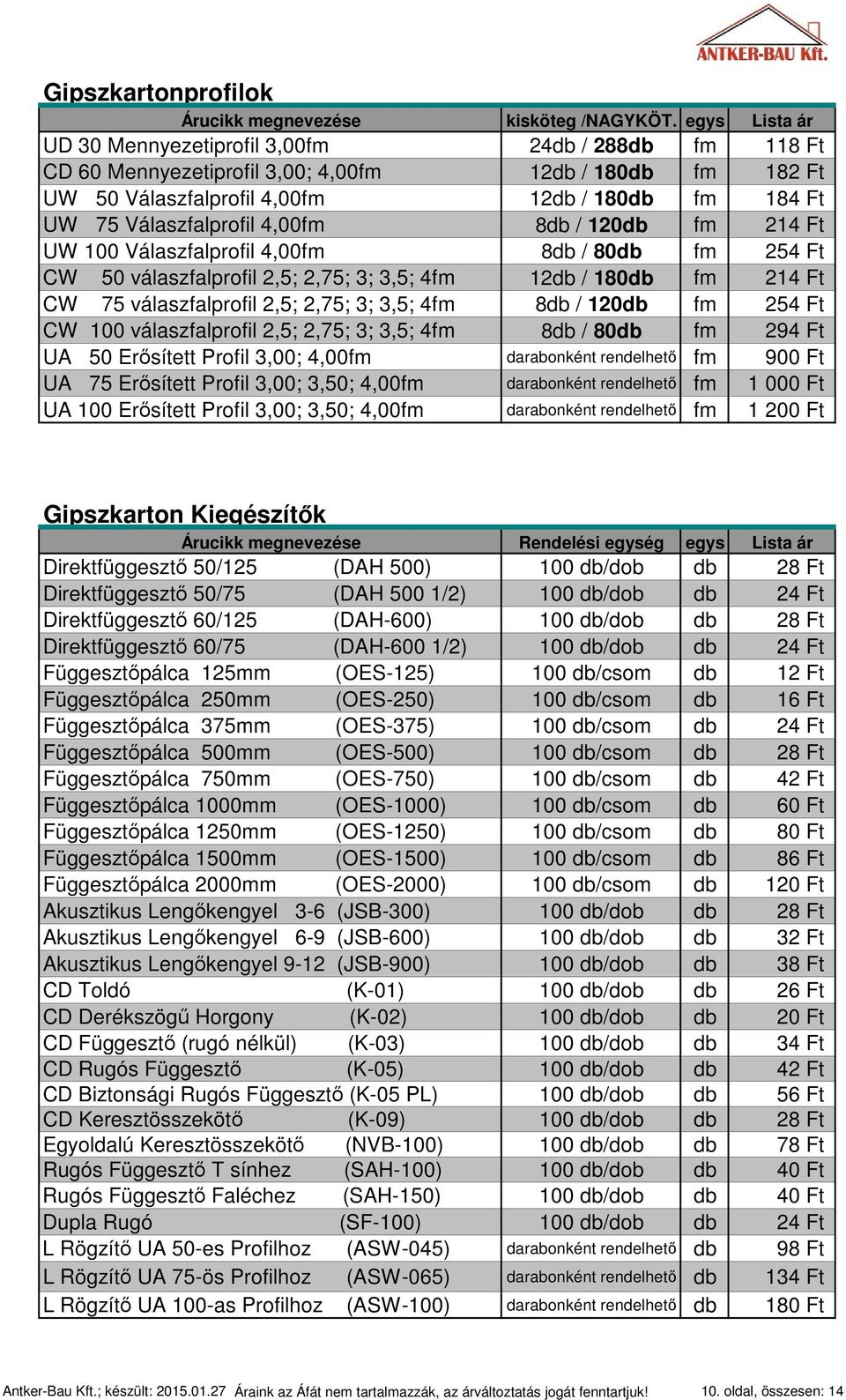 4,00fm 8db / 120db fm 214 Ft UW 100 Válaszfalprofil 4,00fm 8db / 80db fm 254 Ft CW 50 válaszfalprofil 2,5; 2,75; 3; 3,5; 4fm 12db / 180db fm 214 Ft CW 75 válaszfalprofil 2,5; 2,75; 3; 3,5; 4fm 8db /