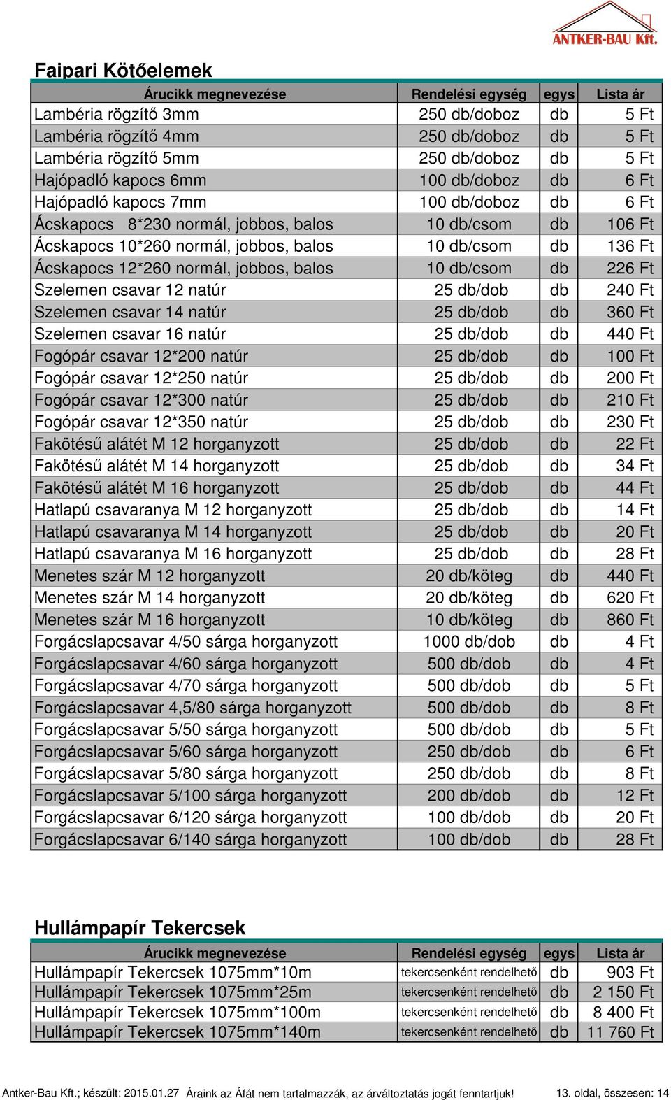 db/csom db 226 Ft Szelemen csavar 12 natúr 25 db/dob db 240 Ft Szelemen csavar 14 natúr 25 db/dob db 360 Ft Szelemen csavar 16 natúr 25 db/dob db 440 Ft Fogópár csavar 12*200 natúr 25 db/dob db 100