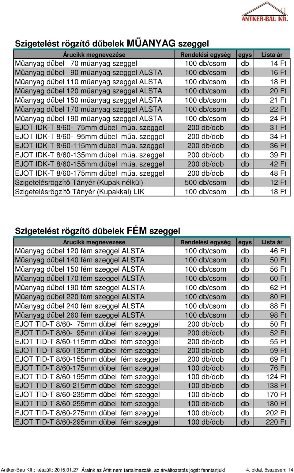 22 Ft Műanyag dűbel 190 müanyag szeggel ALSTA 100 db/csom db 24 Ft EJOT IDK-T 8/60-75mm dűbel műa. szeggel 200 db/dob db 31 Ft EJOT IDK-T 8/60-95mm dűbel műa.