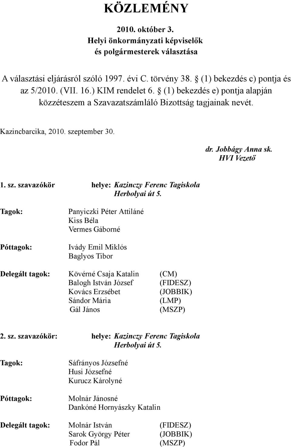 Panyiczki Péter Attiláné Kiss Béla Vermes Gáborné Ivády Emil Miklós Baglyos Tibor Delegált tagok: Kövérné Csaja Katalin (CM) Balogh István József (FIDESZ) Kovács Erzsébet Sándor Mária Gál János 2. sz.